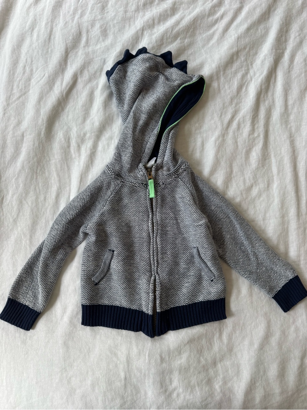 Carter's Gray Knit Zip Hoodie with Navy Trim and Hood Spikes